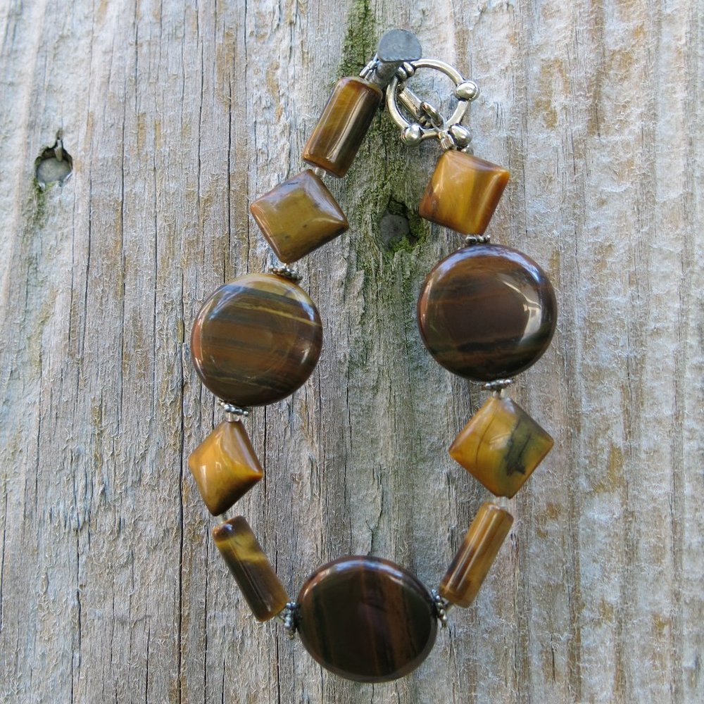 Natural Tiger's Eye Silver Bracelet, Geometric Natural Healing Stone Bracelet